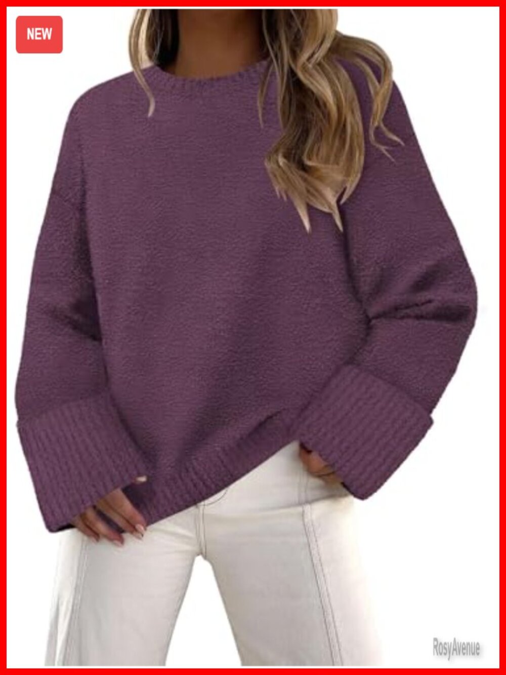 Womens Fuzzy Knit Crewneck Pullover Sweater Loose Fit Fall Winter Layer